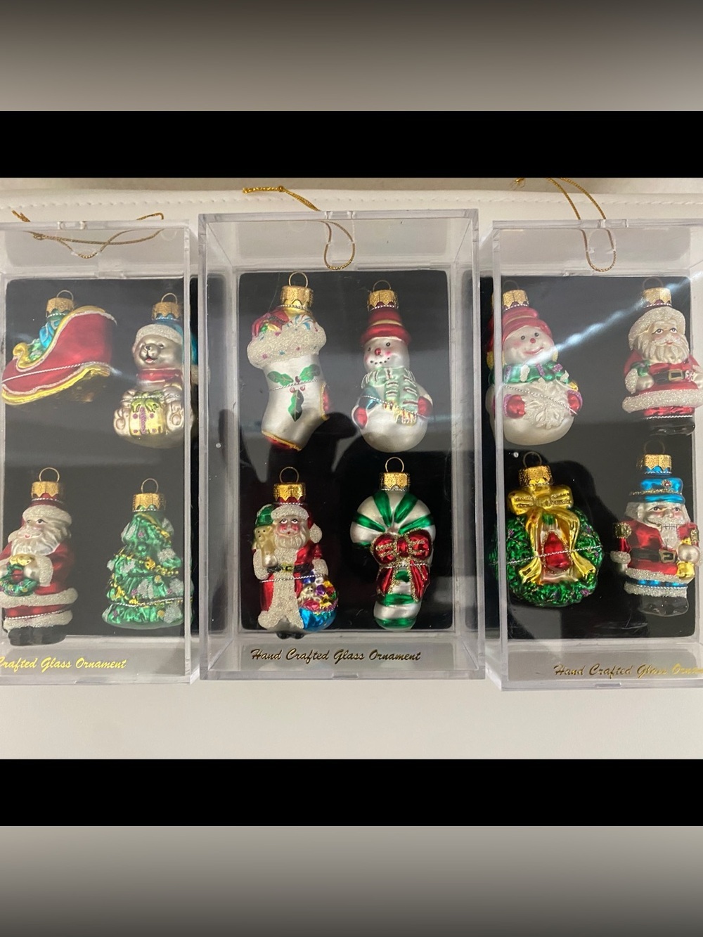 12 VTG Michaels HandCrafted Glass Christmas Mini Ornament Sets In Acrylic Boxes
